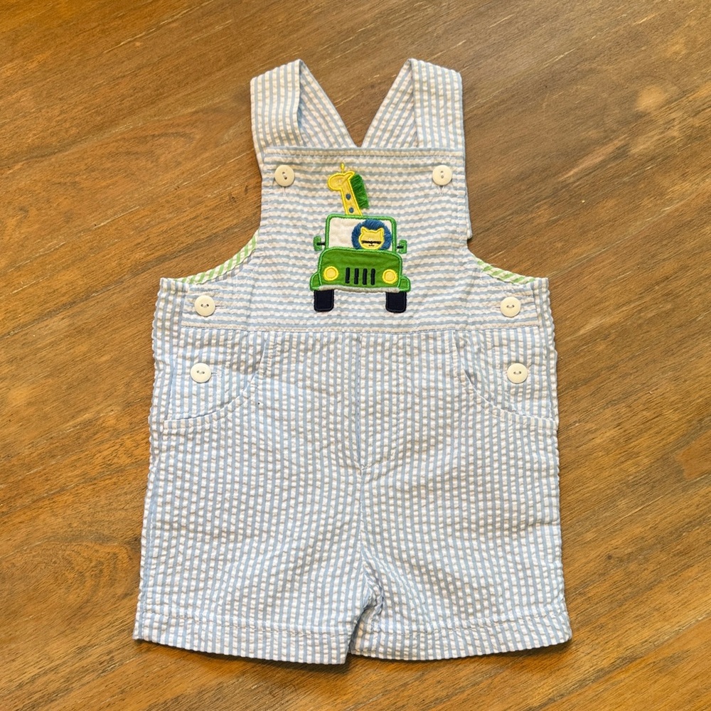 Florence Eiseman Striped Gray Kids Overalls with Green Car Design
